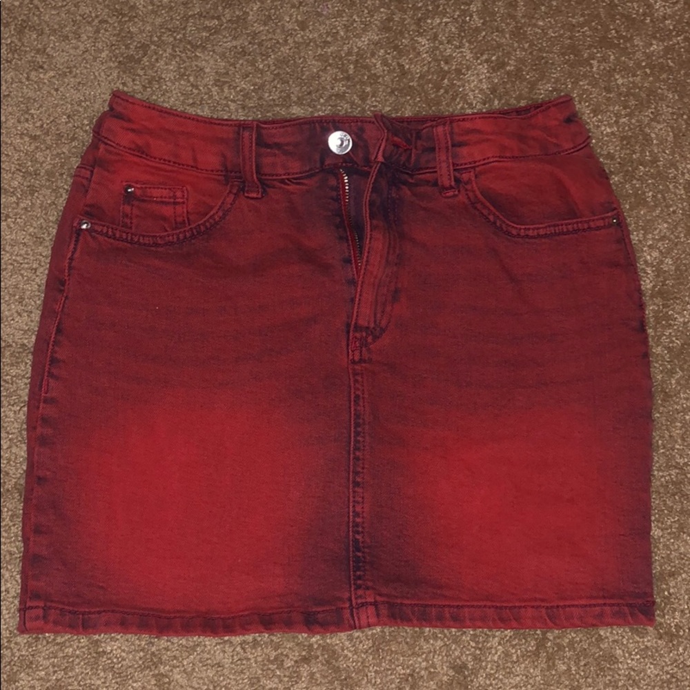 red-denim mini skirt